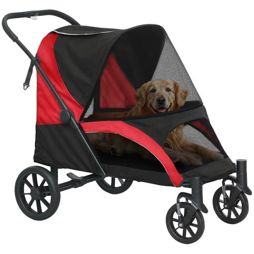 PawHut Passeggino per Cani Taglia Grande Pieghevole con Ruote Rimovibili, Cuscino e Guinzagli di Sicurezza, Passeggino per Animali in Tessuto Oxford e Acciaio con Borsa Portaoggetti, Nero
