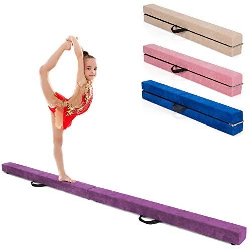 COSTWAY Trave da Ginnastica 210 cm Pieghevole per Bambini, Trave di Equilibrio Portatile con Maniglie, Base Solida di Legno e Parte Inferiore Antiscivolo (Viola)