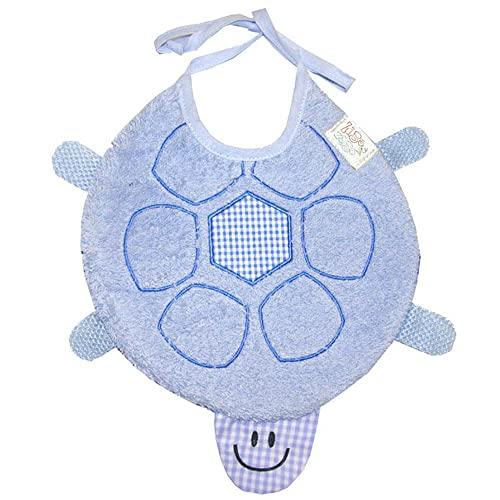 Zigozago - Bavaglino in spugna di cotone ricamata a forma di Tartaruga | Fatto a mano | Chiusura: Elastico o Laccetti | Personalizzabile con Nome | Misura: 23 x 22 cm | Colore: Azzurro o Rosa