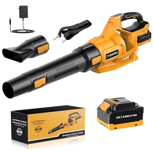 JYGMPRO Soffiatore a Batteria, 21V Soffiatore Foglie Elettrico con 1 Batteria da 4,0Ah, 3 Velocità Regolabili, 2 Ugelli, Tracolla per Foglie, Neve, Polvere e Detriti