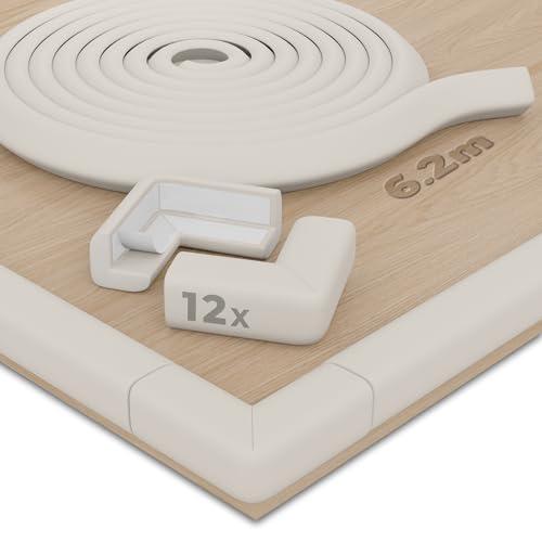 Hoffenbach Paracolpi in Schiuma 6,2m & 12x Copriangoli – Protezione per Tavolo, Letto e Mobili – Kit Sicurezza Casa per Bambini – Autoadesivi Antiurto (Bianco lana)