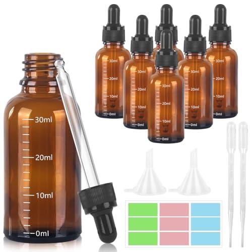 GROFIS 6 Pezzi Contagocce Vetro 30ml, Marrone Bottiglie Contagocce in Vetro, Flaconi Contagocce con 2 Imbuti 2 Pipette Contagocce 1 Adesivo, Flaconi Ricaricabili per Laboratorio Olio Essenziale
