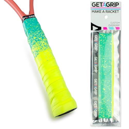 Get a Grip - Overgrip Antiscivolo per Racchetta da Tennis - Nastro Asciugatura Rapida per Tennis, Padel e Pickleball - Grip Pretagliato con Nastro di Finitura (Paint The Lines (Neon + Blue), 1 Grip)