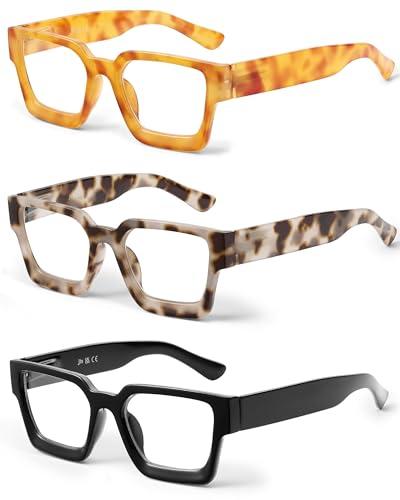JM 3 Pack Occhiali da Lettura Quadrati, Lettore di Computer con Blocco Della Luce Blu per Donna Uomo +1.5 Nero/Grigio Tartaruga/Giallo Tartaruga