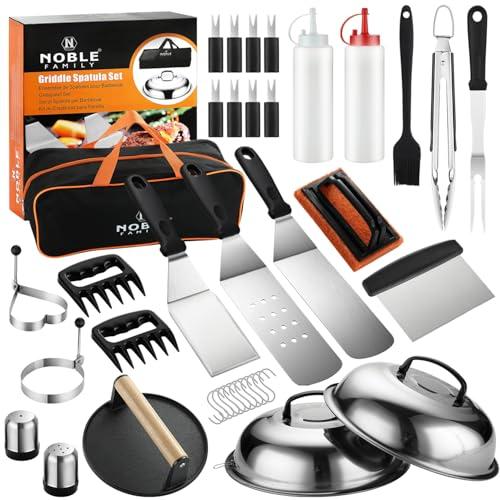 N NOBLE FAMILY 38PCS Kit di Accessori Barbecue, Professionali per Set Spatola Barbecue all'aperto, Spatola per Barbecue per Piastra in Acciaio Inossidabile con Pinze, Pressa per Hamburger, Borsa