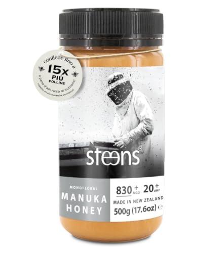 Steens Miele di Manuka - MGO 830+ - Puro Miele Manuka grezzo 100% certificato UMF 20+ - Invasettato e sigillato in Nuova Zelanda - Manuka Honey - 500 g