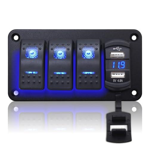 Geloo 3 Gang Pannello Interruttore Impermeabile, 12V/24V Marino Interruttore a Bilanciere Pannello con 4.8A Doppio USB LED Voltmetro Interruttore a Levetta per Auto Barca Camion Camper