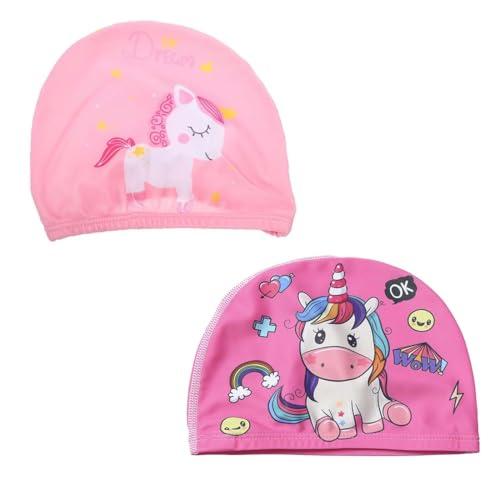 LAKJUOZ 2 Pezzi Pink Children'S Swimming Cap, Girls' Swimming Cap, Newborn Swimming Cap, Unicorn Pattern, Swimming Cap For Girls From 1 To 7 Years Cuffia Piscina Bambina