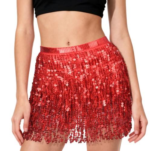 AYBUY Gonna con Paillettes Nappe, Gonna di Paillettes Wrap, Danza del Ventre con Nappe per donne e ragazze per Festival Club Rstate Spiaggia Carnevale di Halloween Mini Gonne, Rosso