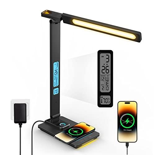 LAOPAO Lampada da Scrivania a LED con Ricarica Wireless e Porta di USB, Lampada da Tavolo Pieghevole Protezione Degli Occhi, Dimmerabile,Controllo Touch con Ora, Temperatura, Orologio e Memoria