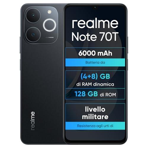 realme Note 70T 4+128GB Smartphone, Display Eye Comfort da 6,75'' a 90Hz, Batteria da 6000mAh, Protezione ArmorShell, Chipset Octa-core, 7,94 mm Ultra Sottile, IP54,Ossidiana Nera,Senza Caricabatterie