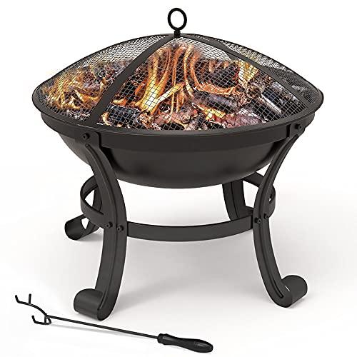 VOUNOT® Braciere da Esterno Ø 55 cm con Copertura Protettiva, Braciere da Giardino incl Attizzatoio, Nero, per Campeggio Riscaldamento Terrazza da Campeggio