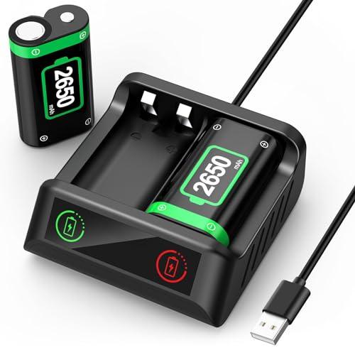 QUMOX Pacchi batteria ricaricabili 2x2650mAh a ricarica rapida con caricabatterie per controller wireless Xbox One/Xbox Series X|S Xbox One S/Xbox One X/One Elite, protezione intelligente e duratura