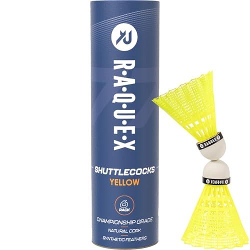 Raquex Volani da Badminton - Piume in Nylon, Tubo di 6 Volani con Testa in Sughero Naturale. Tre Opzioni di Velocità, Volani Bianchi o Gialli. Per Giocare al Coperto o All'aperto - Media 77, Giallo