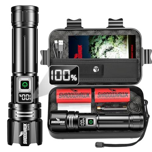 Shadowhawk Torcia LED Potente Professionale 24H Illuminazione Continua | Militare 1000000 Lumen Torcia Ricaricabile USB (2pcs 5000mah Batteria) per Trekking/Campeggio/Emergenze, Display LCD e IP67