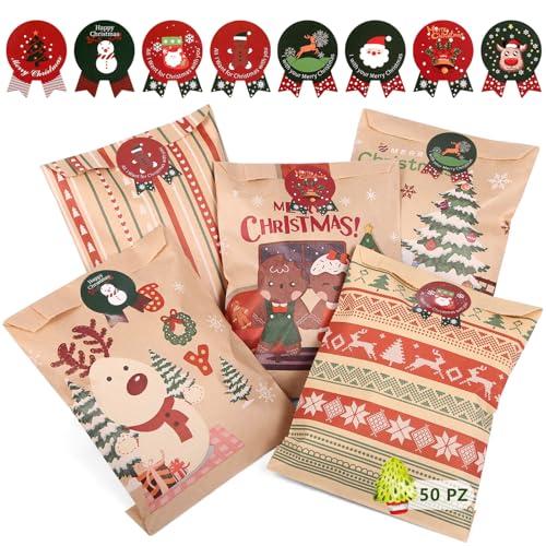 LEMESO Buste Regalo Natale Sacchetti Natalizi Piccoli 50 pz 5 Motivi 13 x 18 cm con 64 Adesivi per Caramelle Cioccolatini Regalini Pensierini