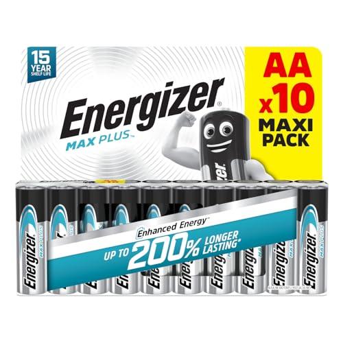 Energizer Max Plus - Pile AA (Confezione da 10) Batterie Alcaline 1,5V - potenza che dura 200% di extra durata - 100% imballaggio riciclabile privo di plastica - 15 anni di conservazione