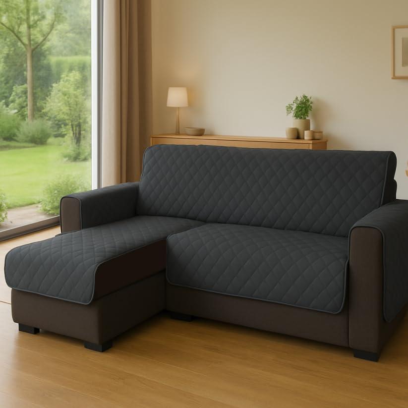 INTRECCI Copridivano 3 Posti con Penisola, Copridivano con Braccioli, Penisola Destra e Sinistra, Telo Angolare, Impermeabile, Protegge da Macchie, Facile da Lavare. Colore: Grigio Scuro