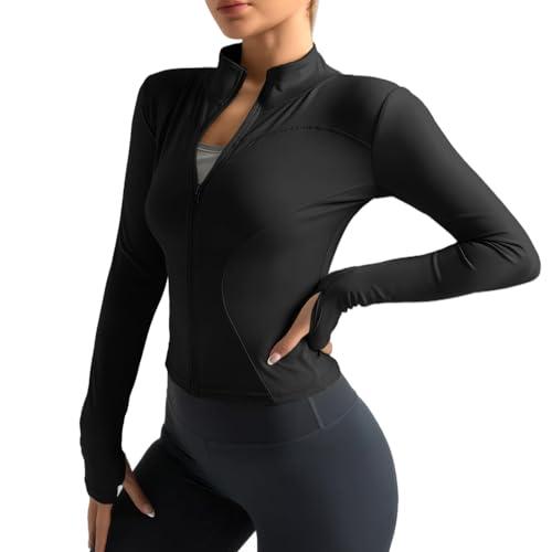 Neteson Maglietta Sportiva Donna a Manica Lunga T Shirt Fitness Yoga Corsa Crop Top Sport Athletic Gym Maglia Running Palestra con Zip e Pollice Foro