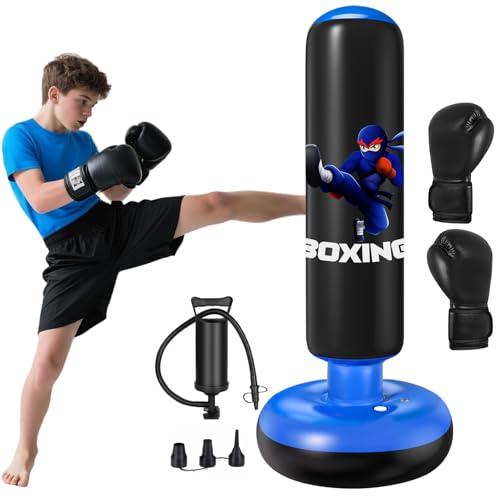 Qoosea Sacco da Boxe per Bambini, 160 cm Stabile Pungiball Bambini Gonfiabile con Guantoni da Boxe, per Pratica di Taekwondo Karate MMA, Sacchi da Boxe Gonfiabile per 3-12 Ragazzi Ragazze