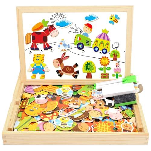 Puzzle Magnetico Legno,Giocattolo di Legno con Lavagna Double Face, Apprendimento Educativo Puzzle Bambini 3 Anni 4 Anni 5 Anni - Quasi 100 Pezzi - Può Attaccare sul Frigorifero