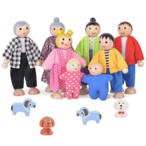 Aolso Casa delle Bambole Famiglia, 8 Pezzi in Legno con 4 Cuccioli, Dollhouse Persone Figure per Finta Casa Accessori Regalo
