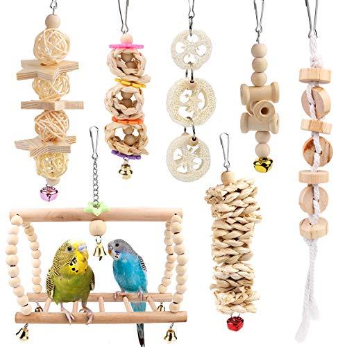 Vegena Set di 7 Giocattoli per Pappagalli e Uccelli, Posatoi da Masticare per Inseparabili, Gufi, Parrocchetti, Ara e Altri Uccelli Piccoli e Medi