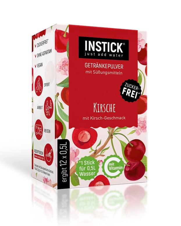 INSTICK Bevanda istantanea senza zucchero (Ciliegia) - 1 confezione per 12 x 0,5-1 L - Polvere per bevande vegane a basso contenuto calorico e vitamina C - Polvere istantanea