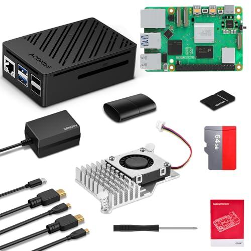 SANOOV Raspberry Pi 5 16GB Kit 64GB Edition con Active Cooler, Pi 5 16GB Board, 64GB Lettore di schede Kit Pi 5 ABS Case Dual 4K HD Out, 27W 5.1V5A USB-C Adattatore e scheda di garanzia