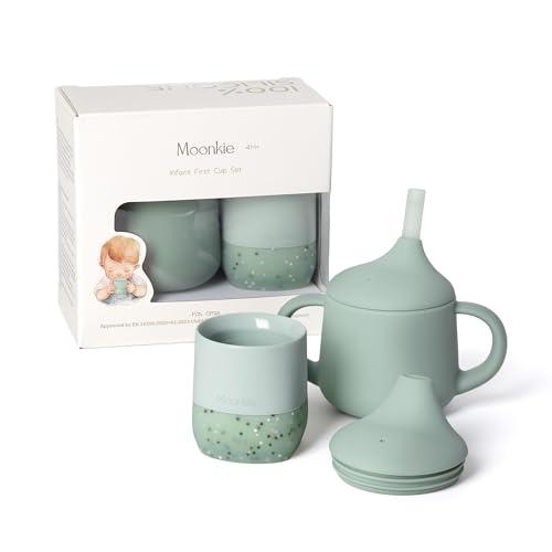 Moonkie Set Bicchieri Svezzamento 2oz & Antigoccia 3 Fasi 4oz, Tazza Silicone 4 Mesi+, Neonato 6-12 Mesi, senza BPA (Set Menta)