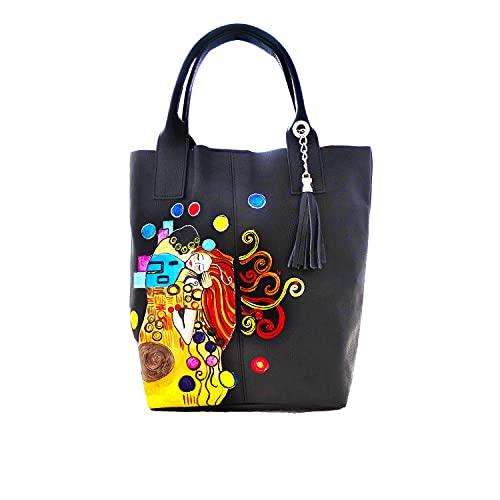 Borsa in Pelle Dipinta a Mano – OMAGGIO AL BACIO APPASSIONATO DI VOGEL – a Spalla, Shopper, Shopping Donna, Idea Regalo, Arte Lisanti, Artigianato Italiano, Made In Italy, Vera Pelle, Tote Bag