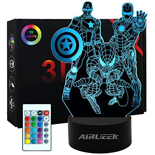 AIRUEEK 3D Superhero Lampada Spiderman,Spiderheroman Luce Notturna Bambini Led Illusione Ottica Lampade-16 Colori Dimmerabili Telecomando-Iron Man Gadget Per bambini Uomo Ragazzo
