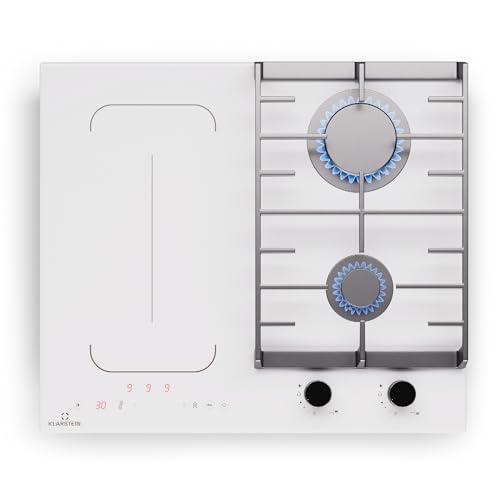 Klarstein MultiChef 4 - Piano Cottura A Induzione E Gas, 4 Zone, 7Kw, Flexzone, Stop&Go, Timer, Bianco, 58,5 Cm, Piano Cottura A Gas & Induzione, Controllo Con Cursore, Supporti In Ghisa
