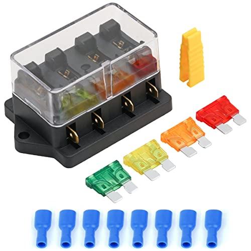 Greluma 1 Pezzo Scatola dei fusibili a lama automatica per auto a 4 vie 12V/24V, blocco portafusibili a lama standard con fusibili 5A/10A/15A/20A