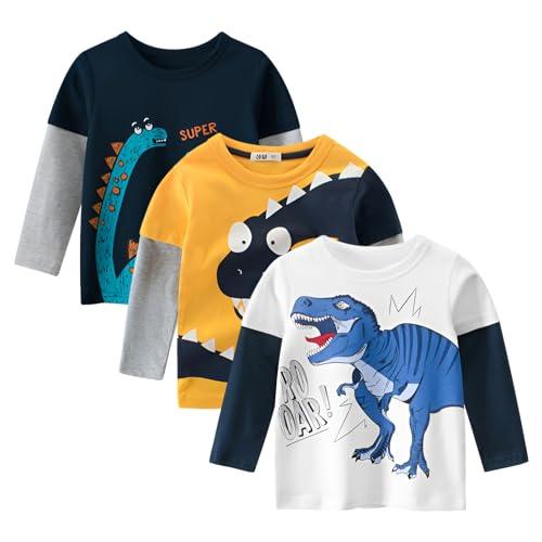 amropi Bambino Ragazzi 3 Pack Maglietta Stampa Dinosauro Manica Lunga Casuale Cotone T-Shirt Bianco Giallo Nero, 3-4 Anni