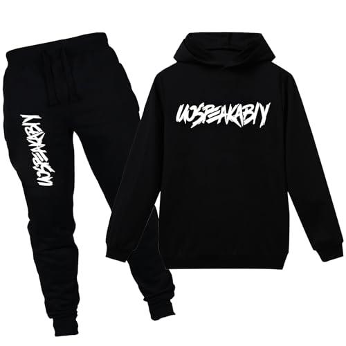 amropi Ragazzi 2 Pezzi Abbigliamento Set Tuta Felpa con Cappuccio e Jogging Pantaloni (Nero,14-15 Anni)