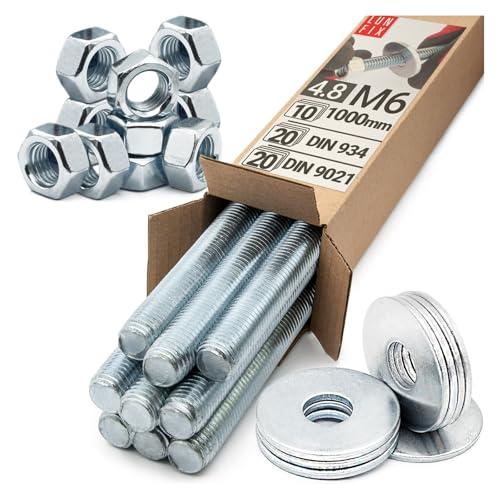 Set Barra Filettata M6 x 1000 mm 10 Pezzi Acciaio Zincato 4.8 DIN 976 con Dadi DIN 934 e Rondelle DIN 9021, Asta Filettata Metrica, Barre Filettate, Bulloni Filettati, Perni Filettati, Lun Fix