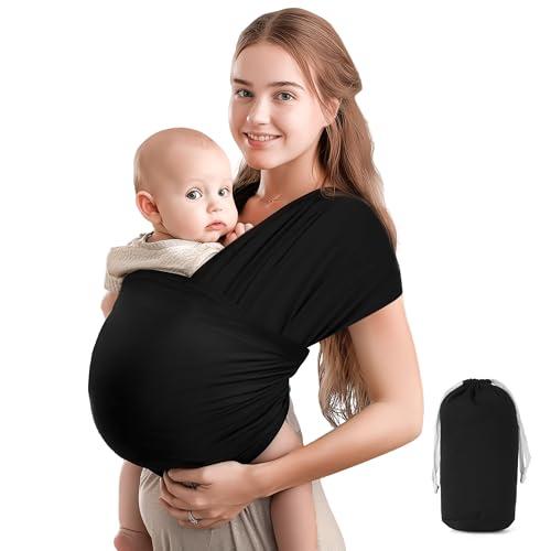 WUFANC Fascia Porta Bebe, Fascia Neonato 0-36 Mesi Traspirante in Cotone, Marsupio Neonato con Portata Massima di 15 kg, Nero Marsupio Bambino 5,3 m × 0,58 m, Marsupio Ergonomico Neonato