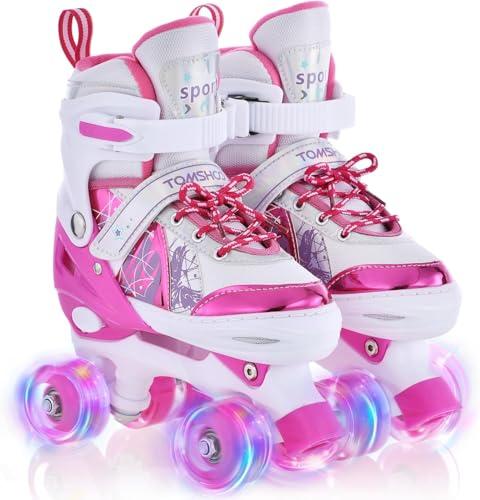 TOMSHOO Pattini a Rotelle Bambina, Pattini Regolabili 4 Ruote con Tutte Ruote LED, Rosa, XS (26-29 EU / 160-175 mm), Unisex Bambini