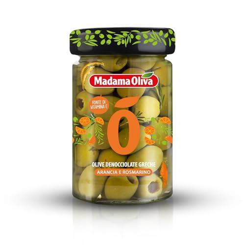 Madama Oliva Olive Verdi Denocciolate Greche 140g, Varietà Halkidiki, Gusto Arancia e Rosmarino, Lavorazione Castelvetrano, Confezionate in Salamoia, Sapore Intenso e Aromatico