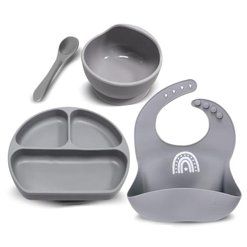 Miracle Baby Set Pappa Svezzamento Silicone Piatto con Ventosa per Bambini Ciotola Antiscivolo Bavaglino et Cucchiaino Set Prima Pappa per Neonato, Senza BPA e Anti Odore 4in (1, Grigio)