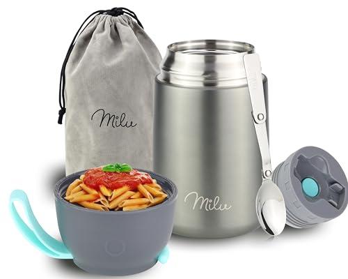 Milu Thermo per Alimenti 300ml 440ml 450ml 650ml 800ml I Contenitore Termico di Acciaio Inossidabile, Isotermico Sottovuoto per Cibi Caldi e Freddi (Grigio, 650ml)