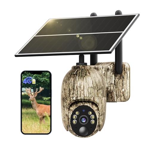 NUASI Fotocamera da Caccia 4G con SIM, 2K Telecamera Esterna con Pannello Solare e APP, 360° PTZ Fototrappola Infrarossi Invisibili, Visione Notturna a Colori, Audio a 2 Vie, Rilevamento Animali, IP66