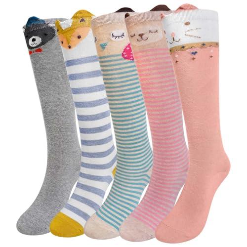 LOFIR Calzini Ginocchio Bambina Ragazze: Calze Lunghe Senza Cuciture in Cotone per Bambini - calzetti Gambaletto Invernali con Righe Divertenti Colorati per Natale Regali 5 Paia Animali 31-34