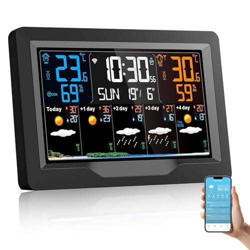 Regevo Stazione Meteo con Sensore Esterno Interno, Smart WiFi Stazione Meteorologica Display a Colori con Temperatura, Umidità, Tempo, Sveglia, Previsioni del Tempo, Allarme Temperatura Massima/Minima