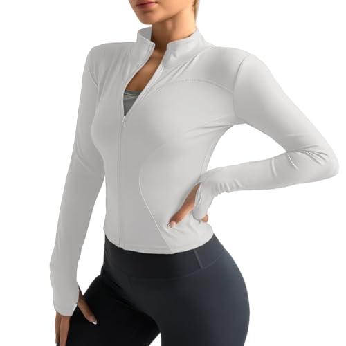 Neteson Maglietta Sportiva Donna a Manica Lunga T Shirt Fitness Yoga Corsa Crop Top Sport Athletic Gym Maglia Running Palestra con Zip e Pollice Foro