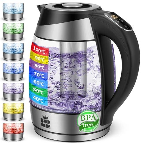 FOR ME Bollitore Elettrico in Vetro con Colino da tè 1,8 L, Controllo della Temperatura, Temperatura Selezionabile da 40°C a 100°C, LED a 7 Colori, Funzione di Mantenimento Caldo, Senza BPA