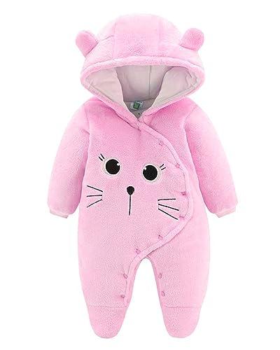 Salopette per Neonato Romper Invernale in Flanella Playsuit con Piedini Felpa con Cappuccio Cartoon,Rosa 3-6 Mesi