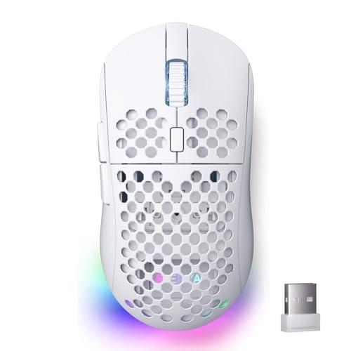 Dierya x TMKB M1 Mouse Wireless Gaming, Sensore Ottico 24,000 DPI, 90 g Leggero, 6 Pulsanti Programmabili, Illuminazione RGB, 2.4GHz/Bluetooth/USB-C mouse con filo/senza fili, Bianco