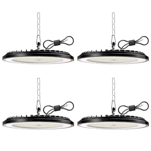 NFOIEIS 4 Pack Faretto LED UFO 150W, 22500LM 6000K Lampada Officina Super Luminose Bianco Freddo, IP65 Impermeabile LED Industriale Faretto, Lampada per Garage, Magazzini, Fabbrica, Stadio Coperto